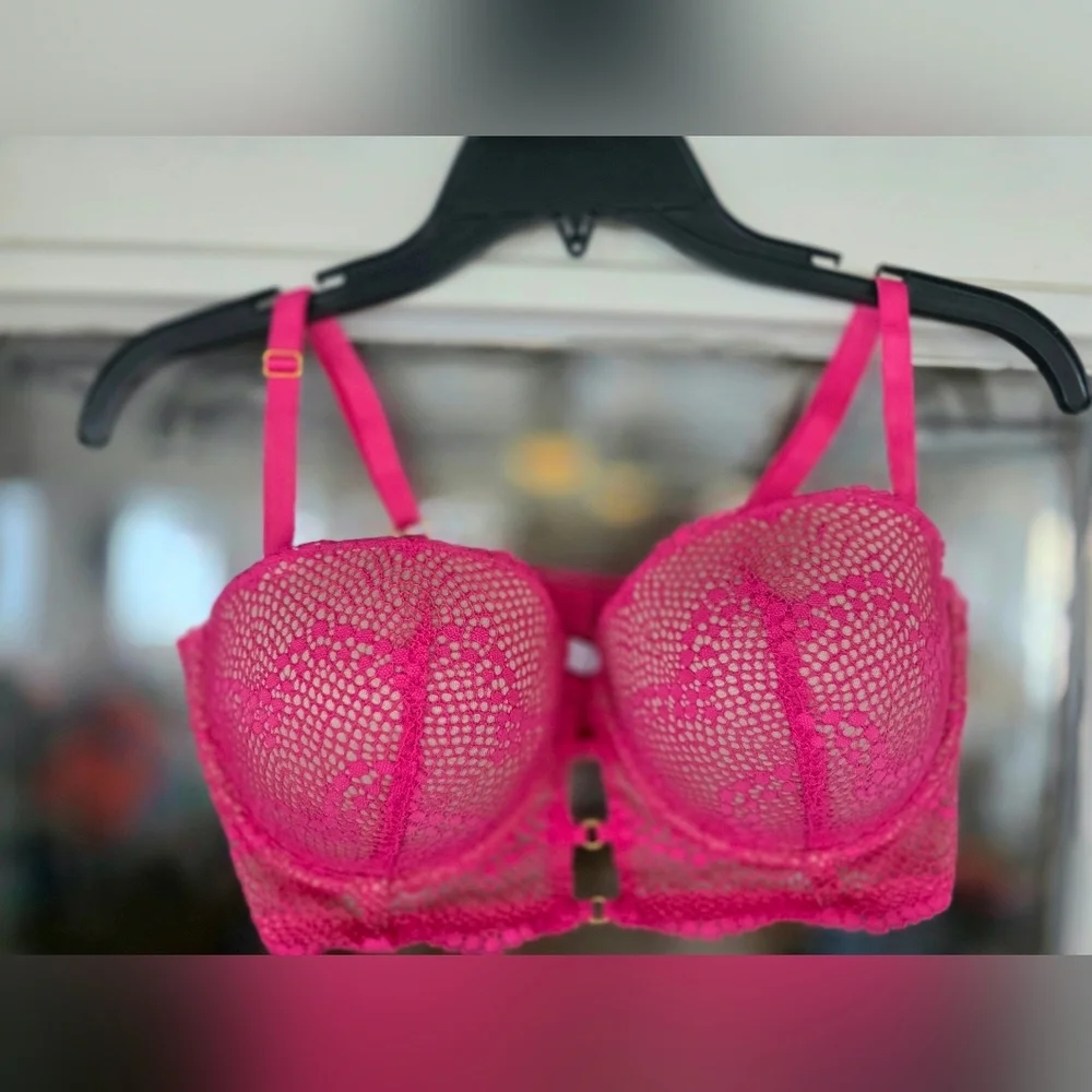 Adored By Adore Me Vibrant Pink Lace Push Up Bustier Bra Sz 36d
